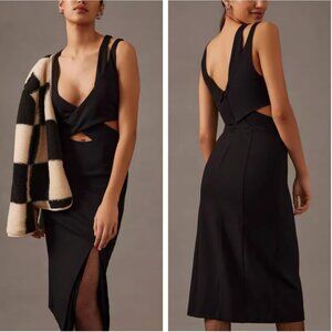 By Anthropologie Cutout Midi Dress Black Noir Causal Cocktail Party XS/S/M
